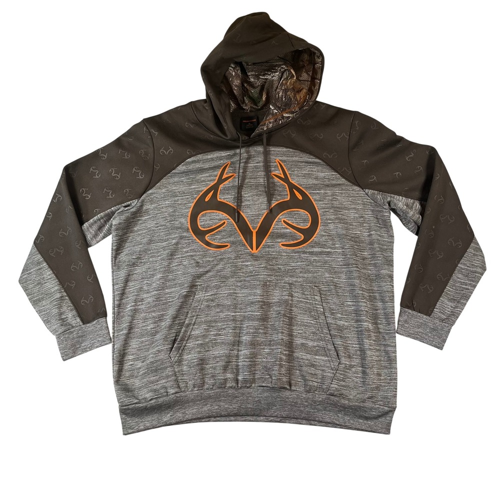 Realtree Hoodie Mens XL Gray Performance Pullover Orange Antler Camo Lined Hood